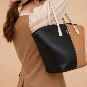 Tory Burch Two-Tone Black and Tan Leather Tote LIKE NEW CONDITION